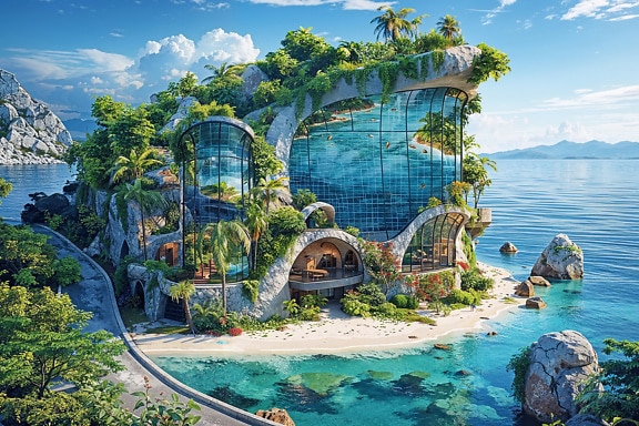 The concept of a futuristic super exclusive hotel resort on the beach of a tropical island in Thailand