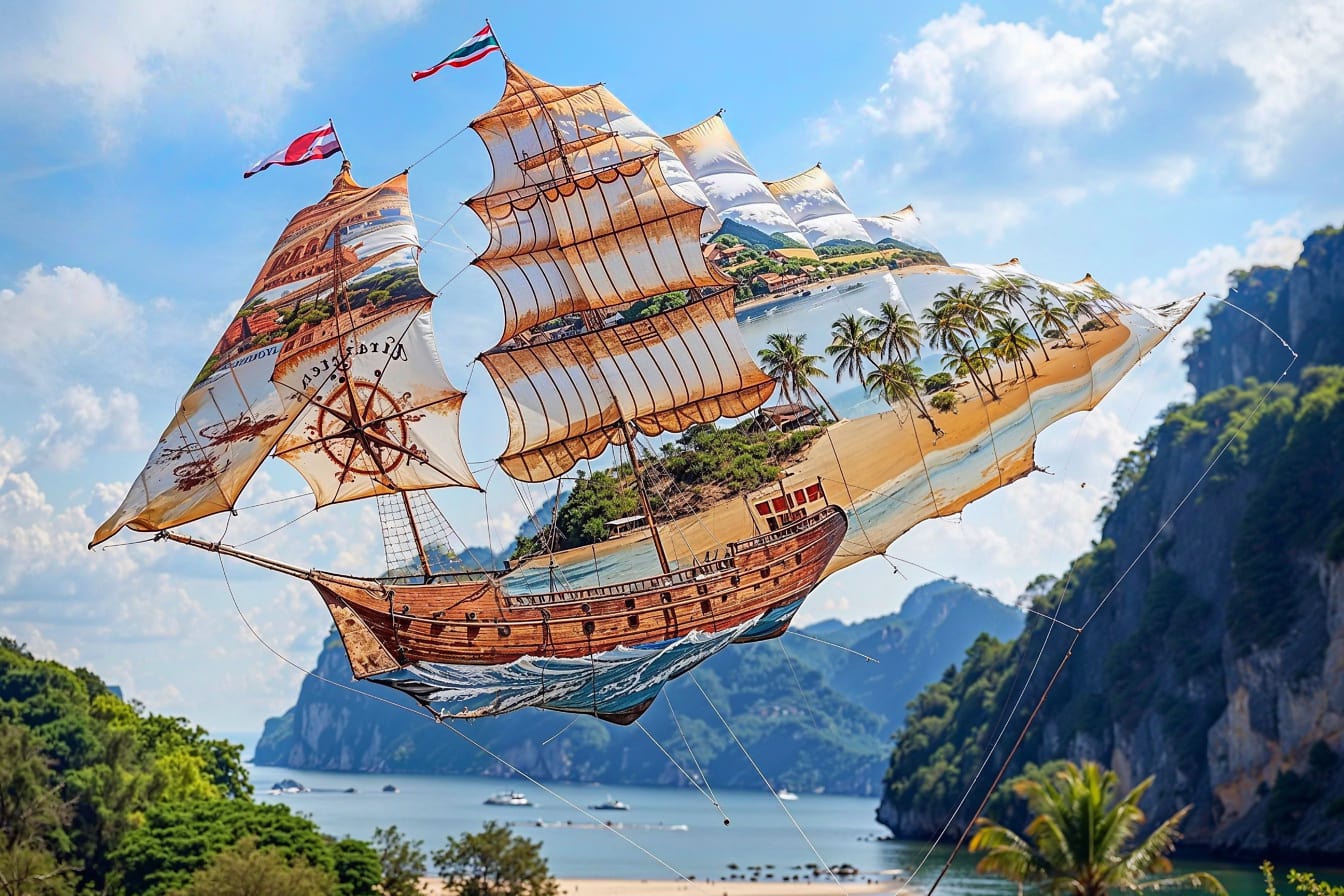 Drachen in Form eines Segelschiffs, das am Himmel über dem tropischen Strand fliegt