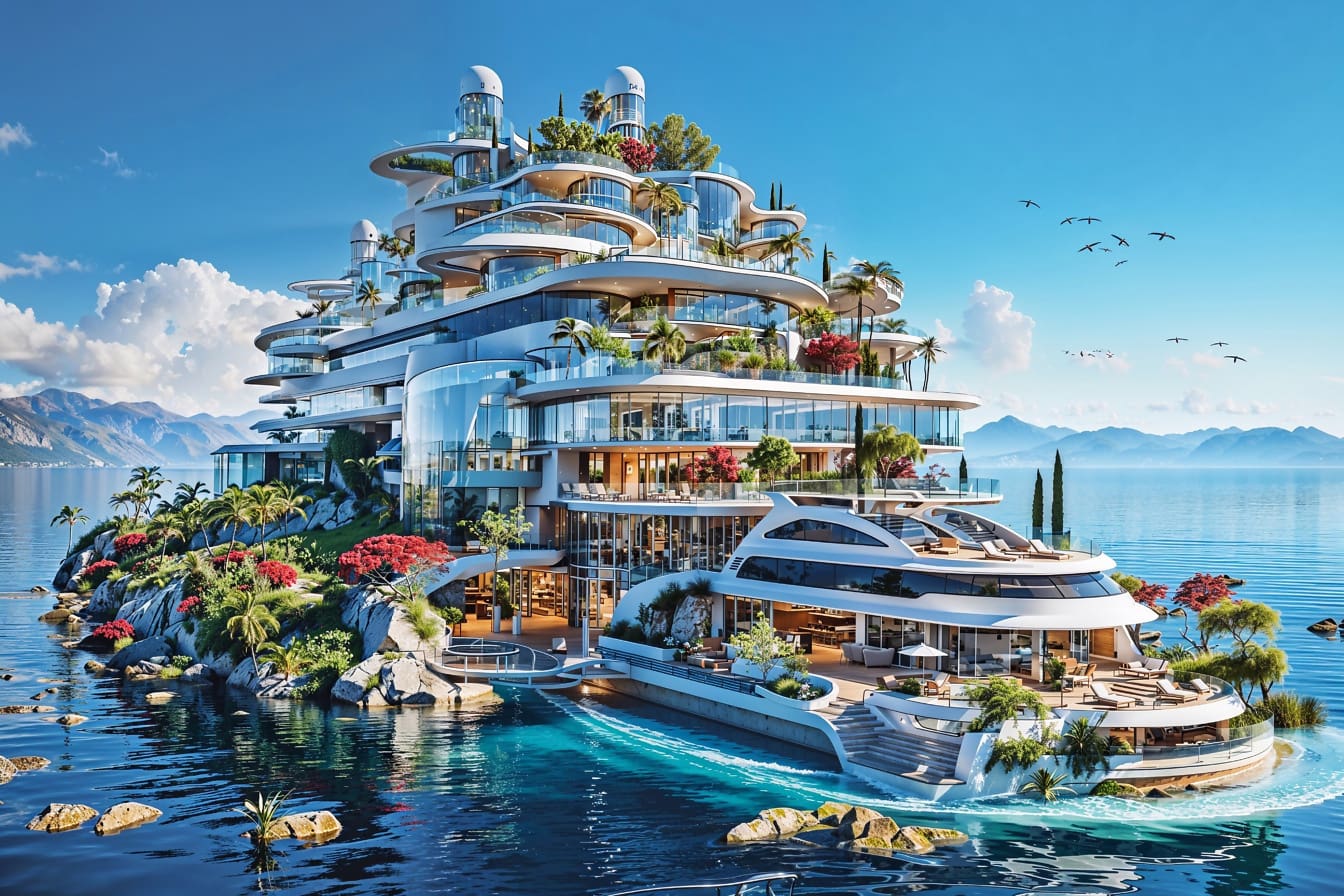 克罗地亚亚得里亚海超级高级酒店综合体的未来主义概念