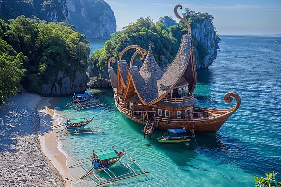 Концепция великолепной сказочной лодки необычной формы в тропической бухте
