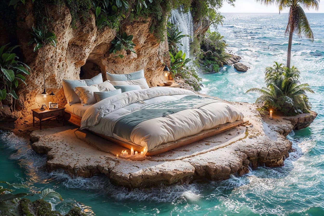 Tempat tidur di atas batu di gua laut dengan air terjun dan pepohonan di latar belakang