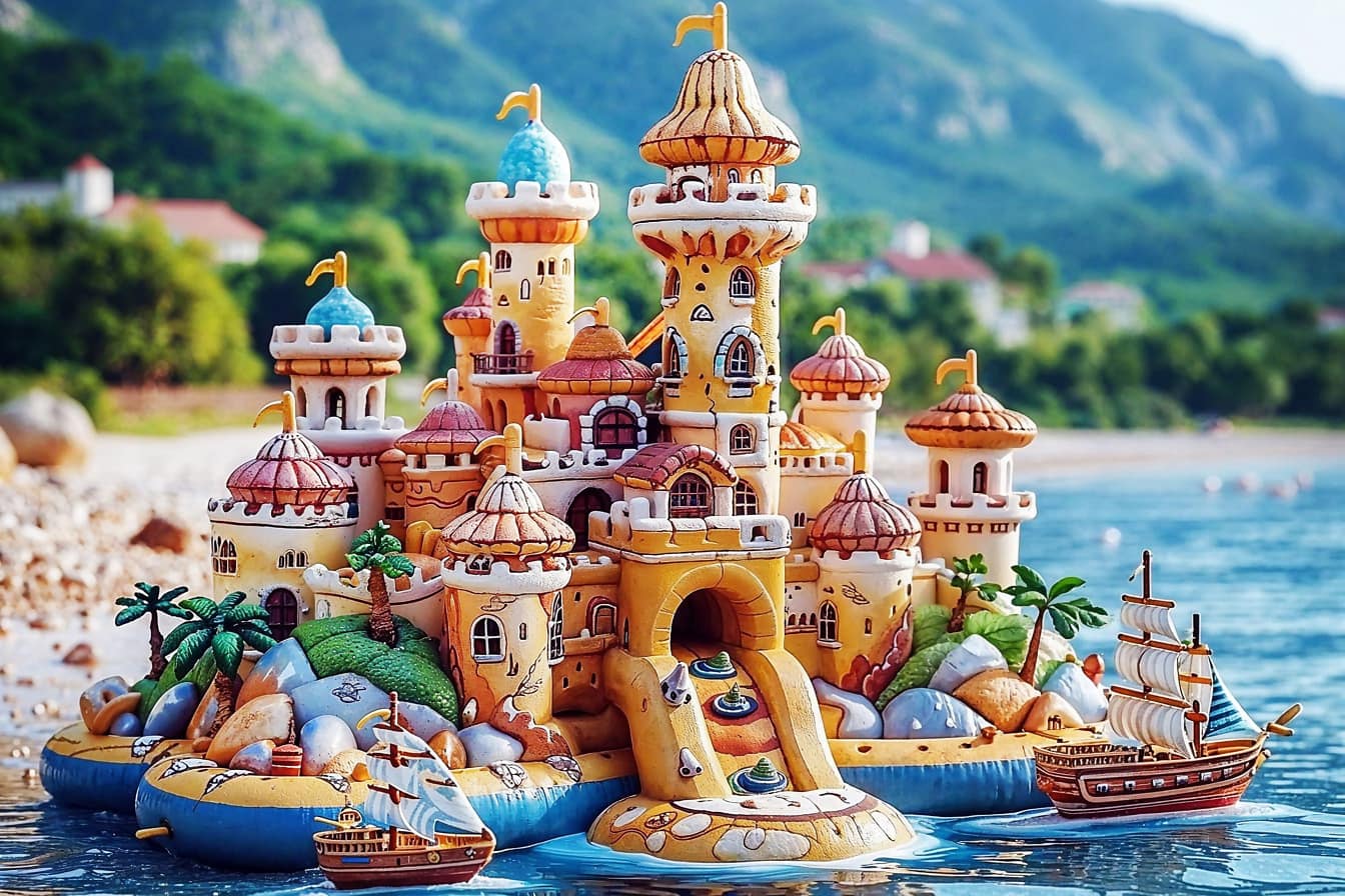 Nadmuchiwany zabawkowy zamek na wodzie na plaży w Chorwacji