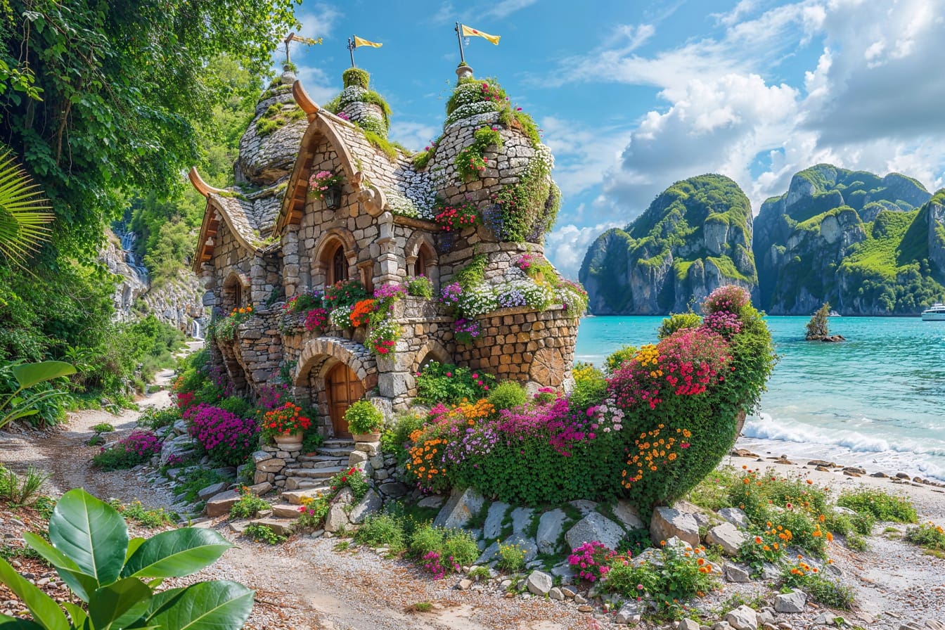 Mesebeli házikó virágos kerttel egy trópusi sziget tengerpartján, háttérben azúrkék tengerrel