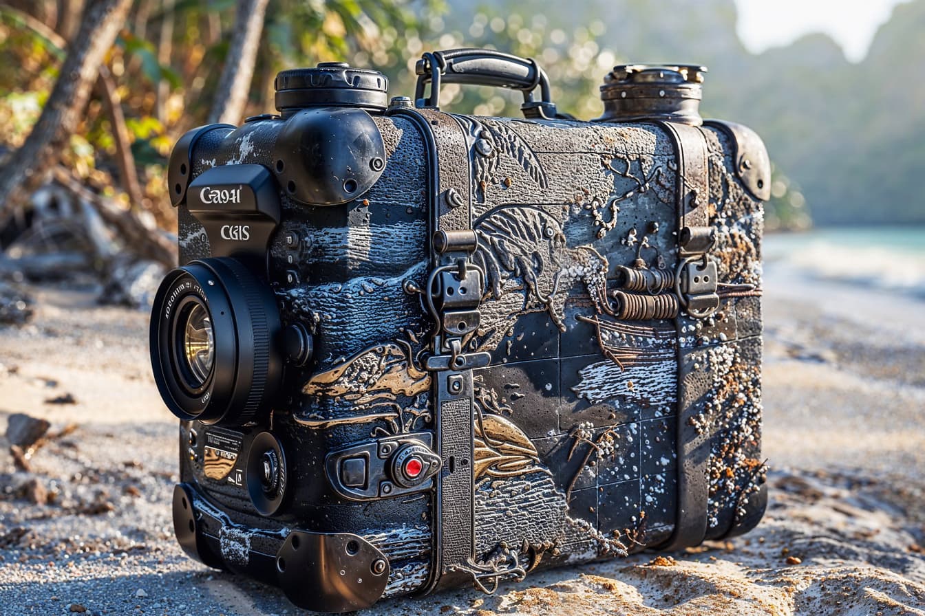 Caméra espion intégrée dans une valise sur une plage de sable fin