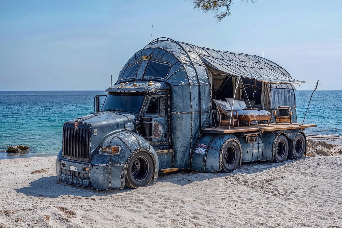 Lastbilstält parkerat på stranden