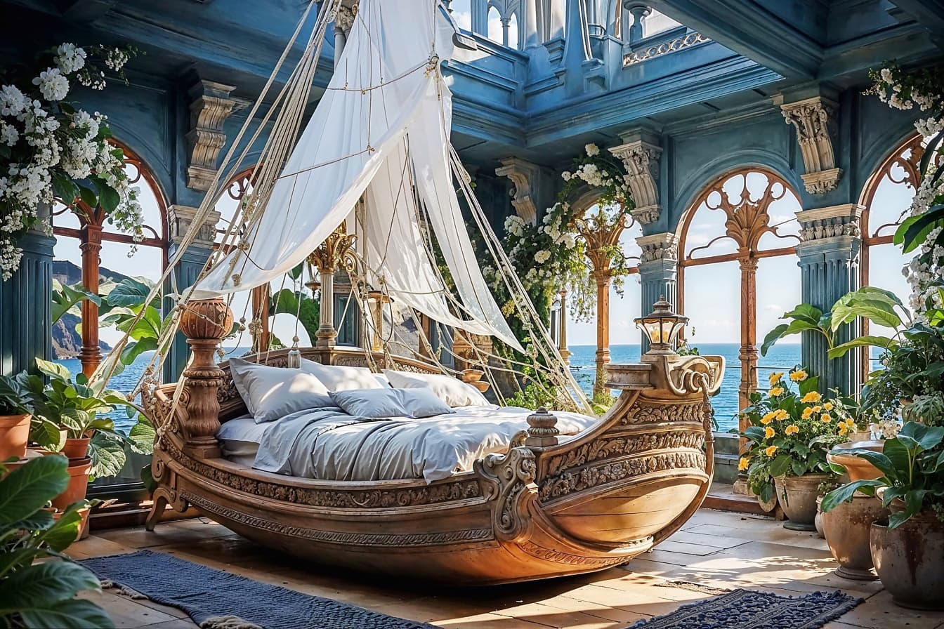 เตียงที่น่าสนใจในรูปแบบของเรือใบที่มีใบเรือสีขาวเป็นหลังคาในห้องนอน