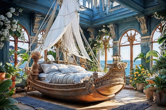 Интересная кровать в виде парусника с белыми парусами в качестве балдахина в спальне