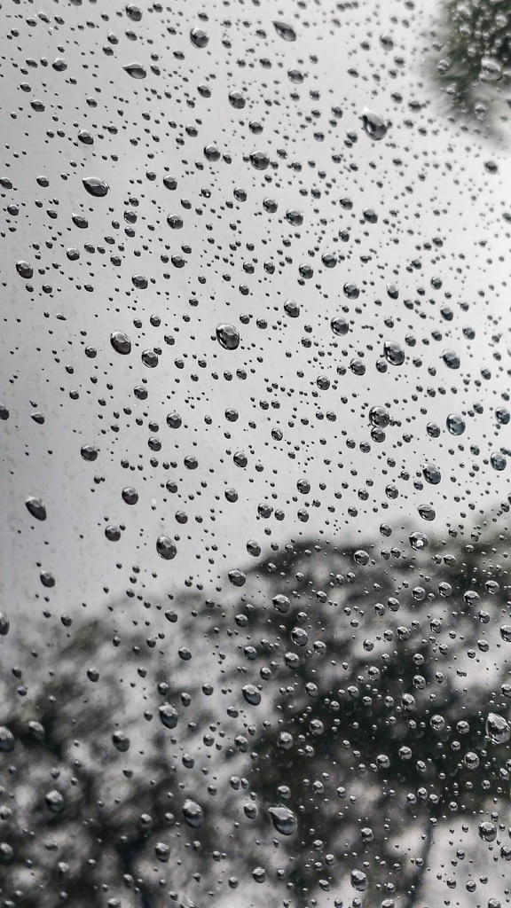 Water droplets on a window, close-up black and white photo