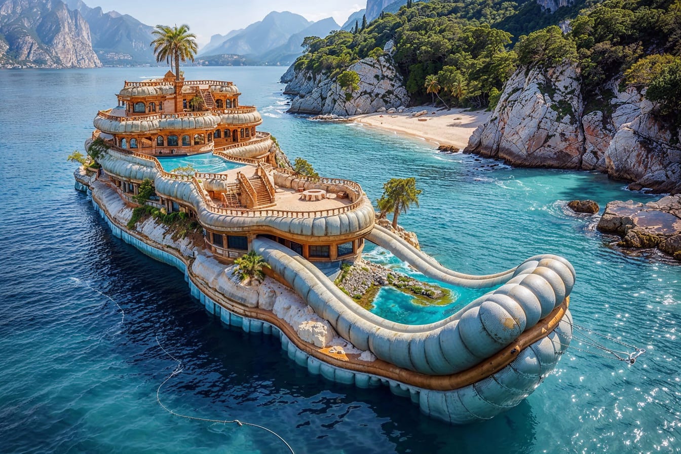 Konseptet med et luksuriøst oppblåsbart cruiseskip på vannet, illustrerer millionærens sommerferie