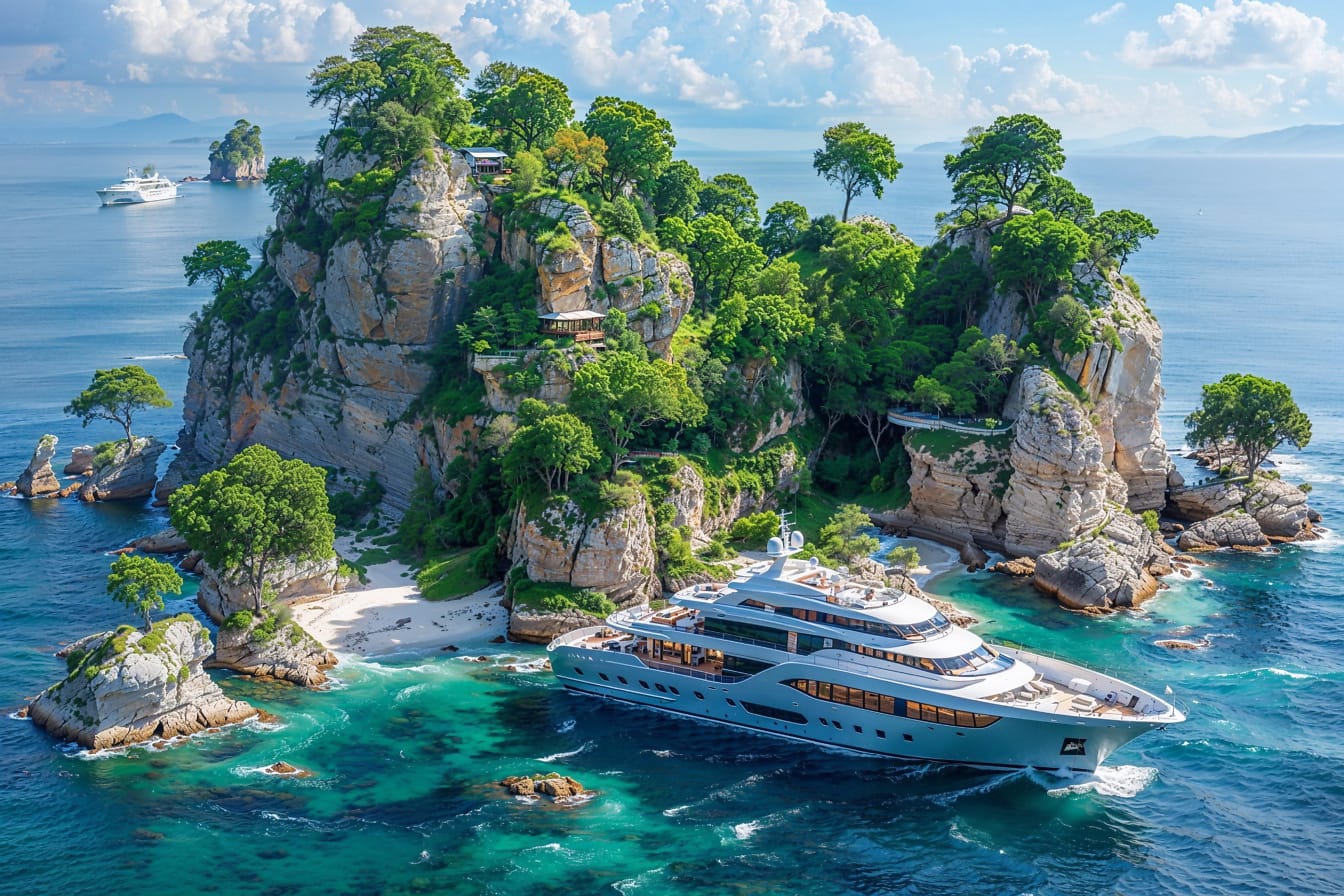 Luxusní jachta na pobřeží skalnatého ostrova
