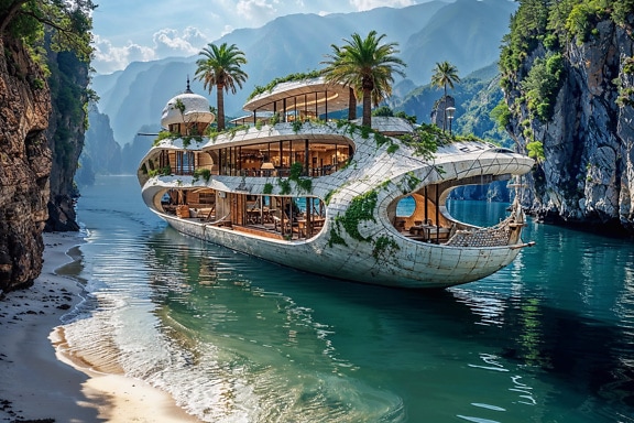 The photomontage of a millionaire’s cruise ship in tropical style in sea bay among islands