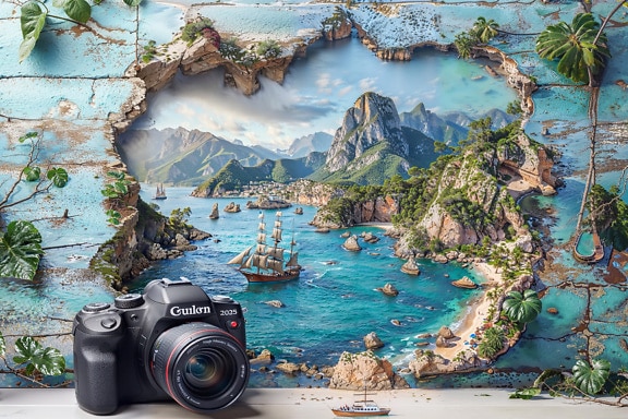 航海スタイルの3Dエンボス背景画像を持つ棚の上のデジタルカメラ