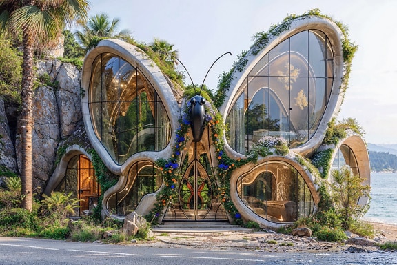 Теплица в форме бабочки с большими стеклянными окнами