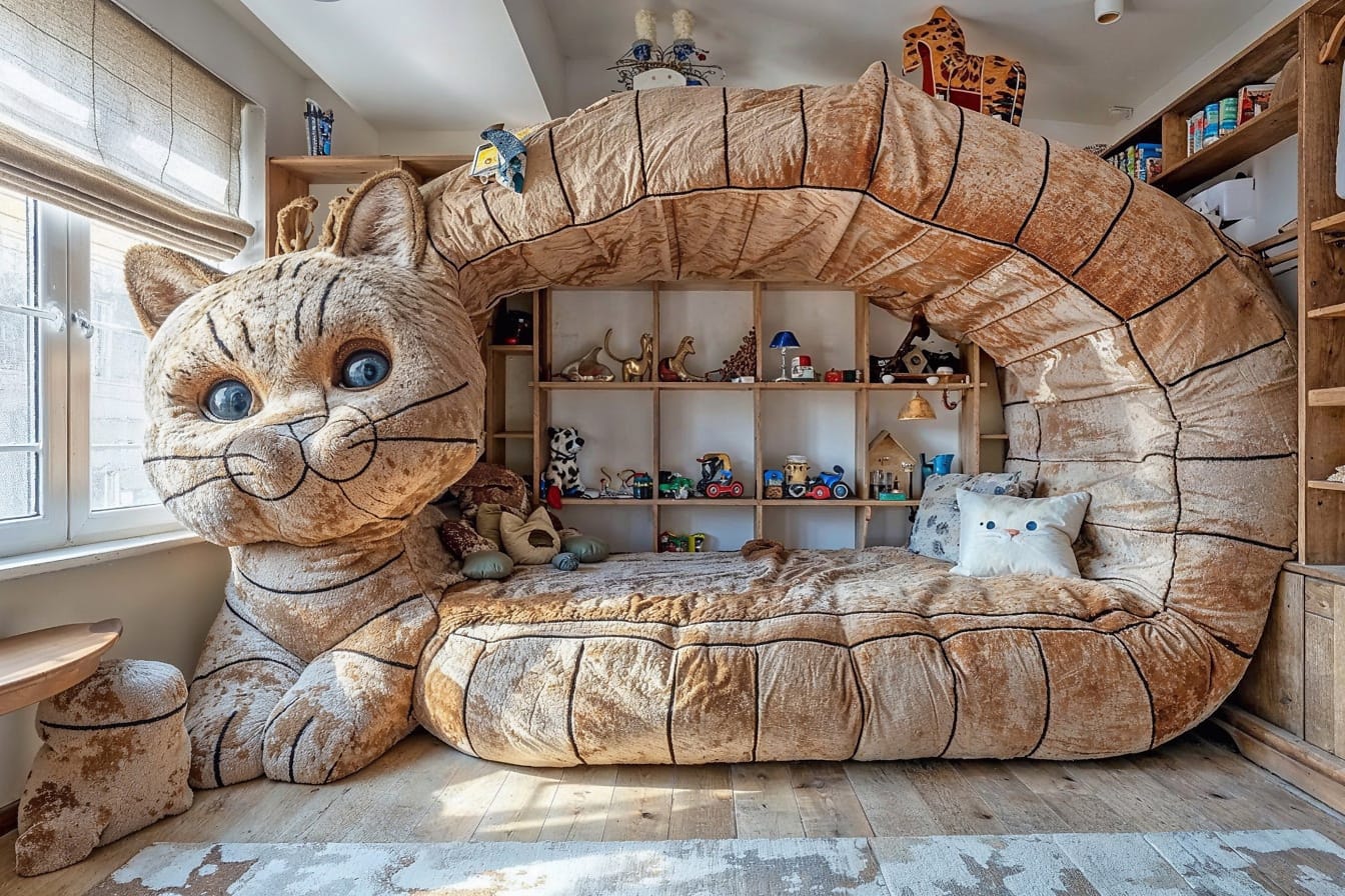 Çocuk odasında büyük kedi şeklinde kanepe