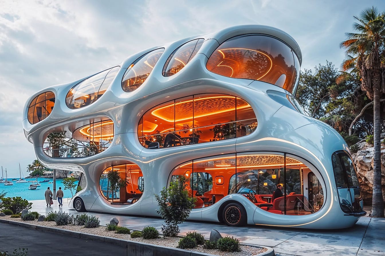 El concepto del autobús recreativo de tres pisos de un multimillonario estacionado en un estacionamiento frente a la playa