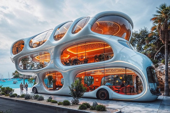 Концепция рекреационного трехэтажного автобуса миллиардера, припаркованного на парковке на берегу моря
