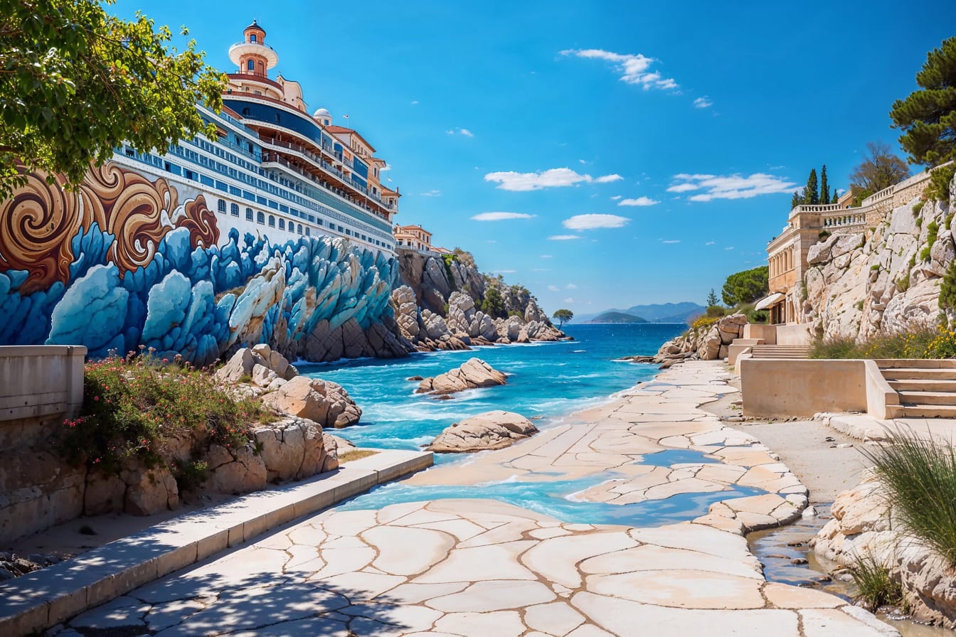 Hotell i form av et stort cruiseskip ved bredden av Adriaterhavet