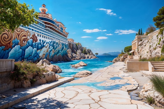 Hotel v podobe veľkej výletnej lode na brehu Jadranského mora