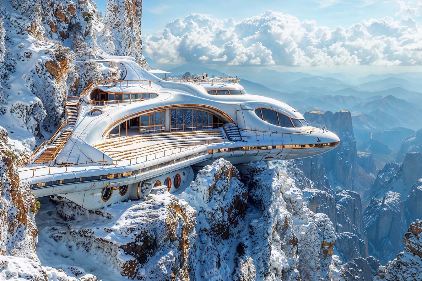 El concepto de un refugio de montaña futurista en forma de yate en lo alto de un acantilado en lo alto de la montaña