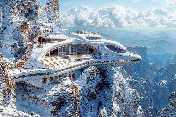 Il concetto di un rifugio di montagna futuristico a forma di yacht su una scogliera in cima alla montagna