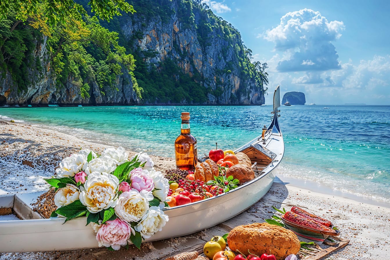 Piknik na tropické pláži s lodí s jídlem, lahví pití a květinami