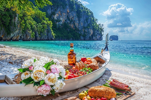 Picnic on a tropical beach with a boat with food, bottle of drink and flowers in it