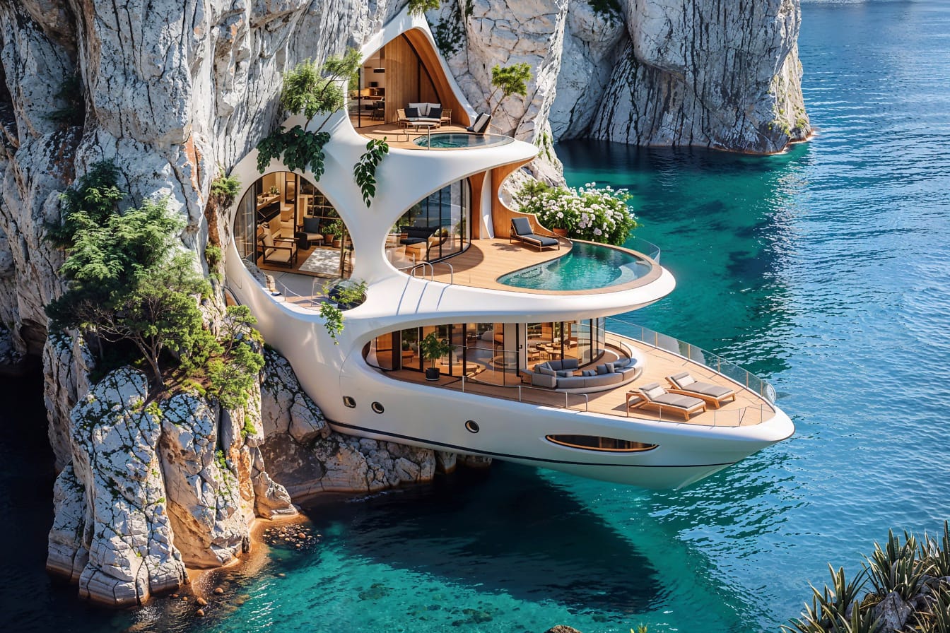 Konceptet med en milliardærs hus på en klippe i form af en luksusyacht