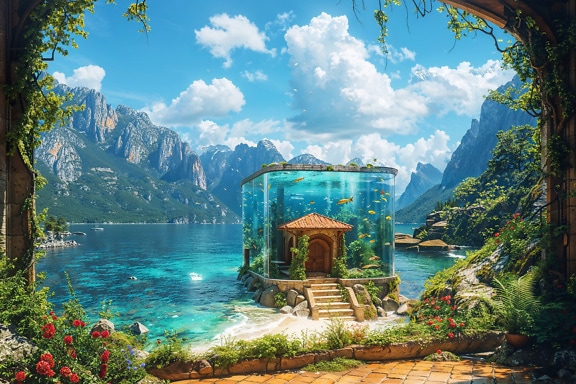 The futuristic concept of a fish tank on a seacoast