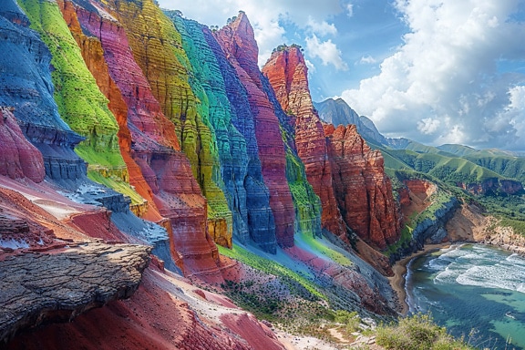 Cliffs in rainbow colors on the seashore