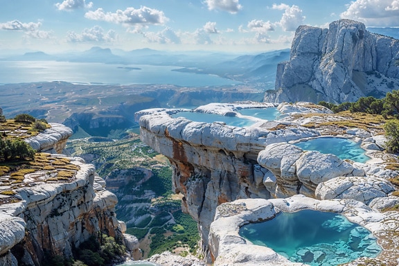 Панорама на морския бряг от варовикови каменни басейни, пълни с морска вода