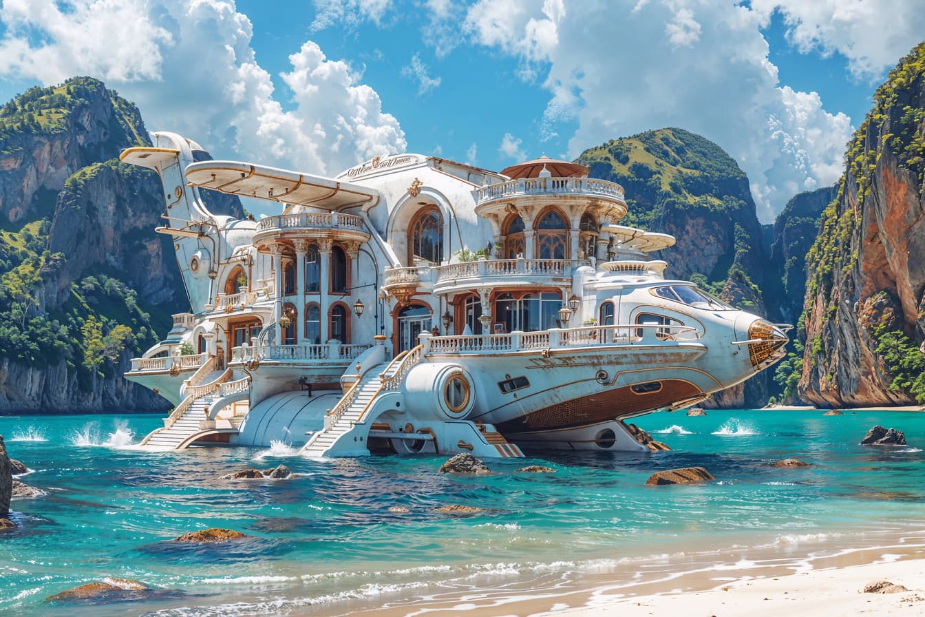 Konsep rumah mewah dalam bentuk pesawat terbang di atas air, menggambarkan resor musim panas untuk jutawan