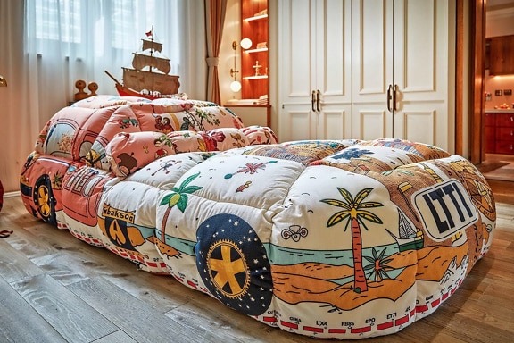 Uma cama colorida semelhante a um carro em um quarto de criança