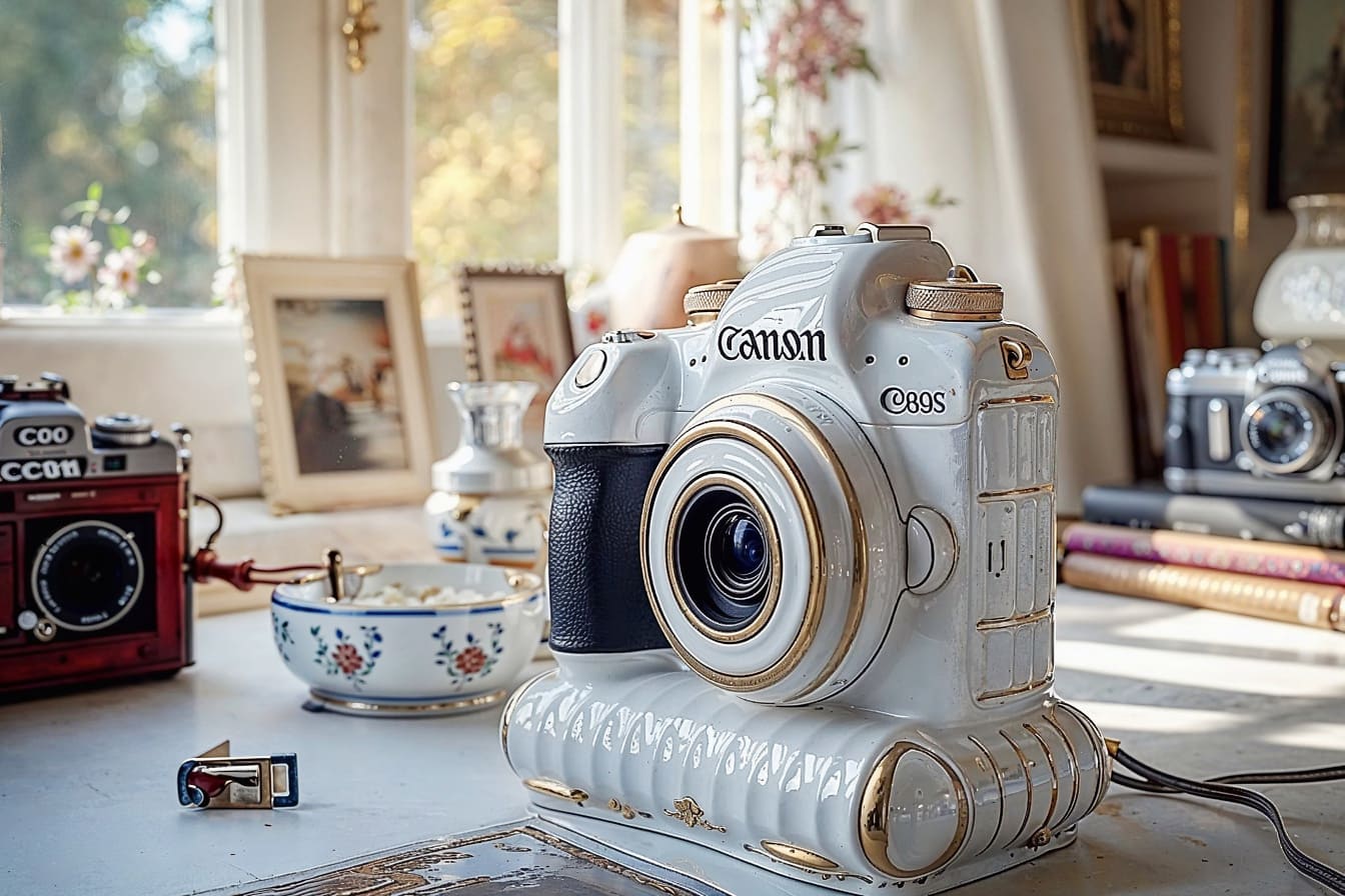 Valkoinen posliinista valmistettu Canon-digitaalikamera pöydällä
