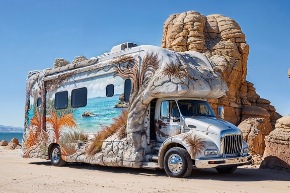 Stylish unique camping vehicle on the beach