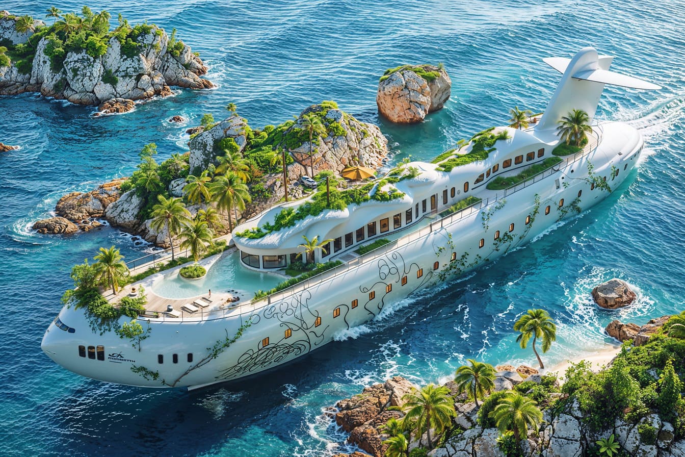 Das furutistische Konzept eines Kreuzfahrtschiffes in Form eines Verkehrsflugzeugs auf dem Wasser