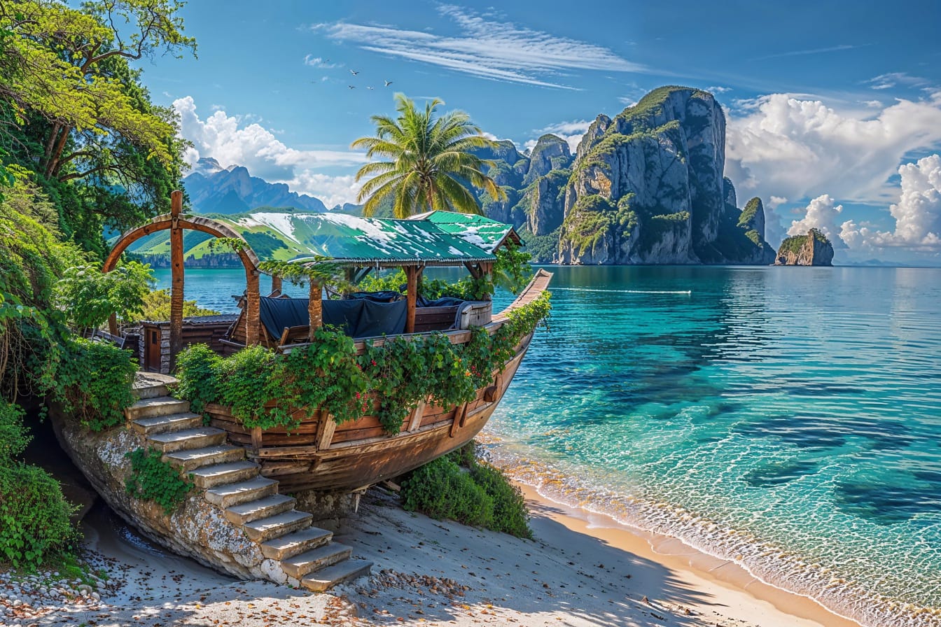 加勒比海海滩露台的蒙太奇照片，采用质朴的木船风格