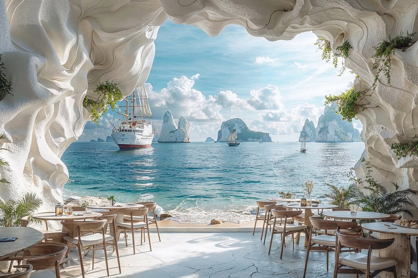 Ravintola, jossa on pöytiä ja tuoleja rantaluolassa, josta on näkymä purjeveneille vedessä