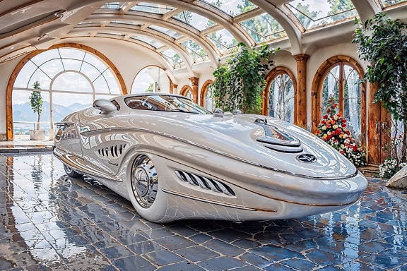 The concept of a billionaire’s car-boat of the future parked inside a luxury garage