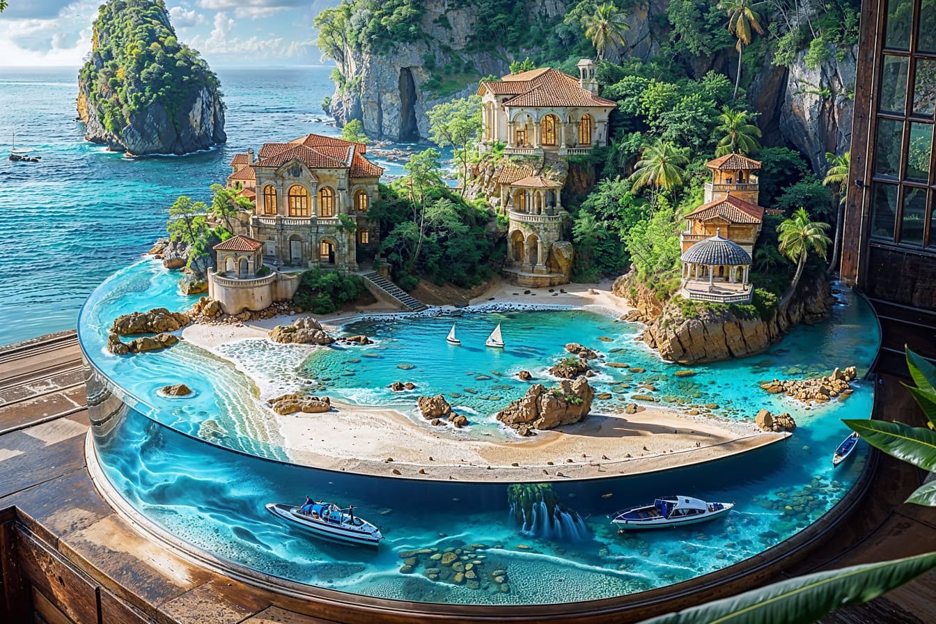 Whirlpool im Freien auf der Terrasse mit Modell der Lagune mit touristischem Resort