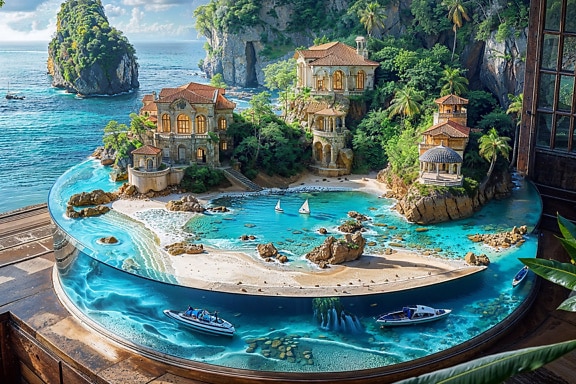 Venkovní vířivá vana na terase s modelem laguny s turistickým letoviskem
