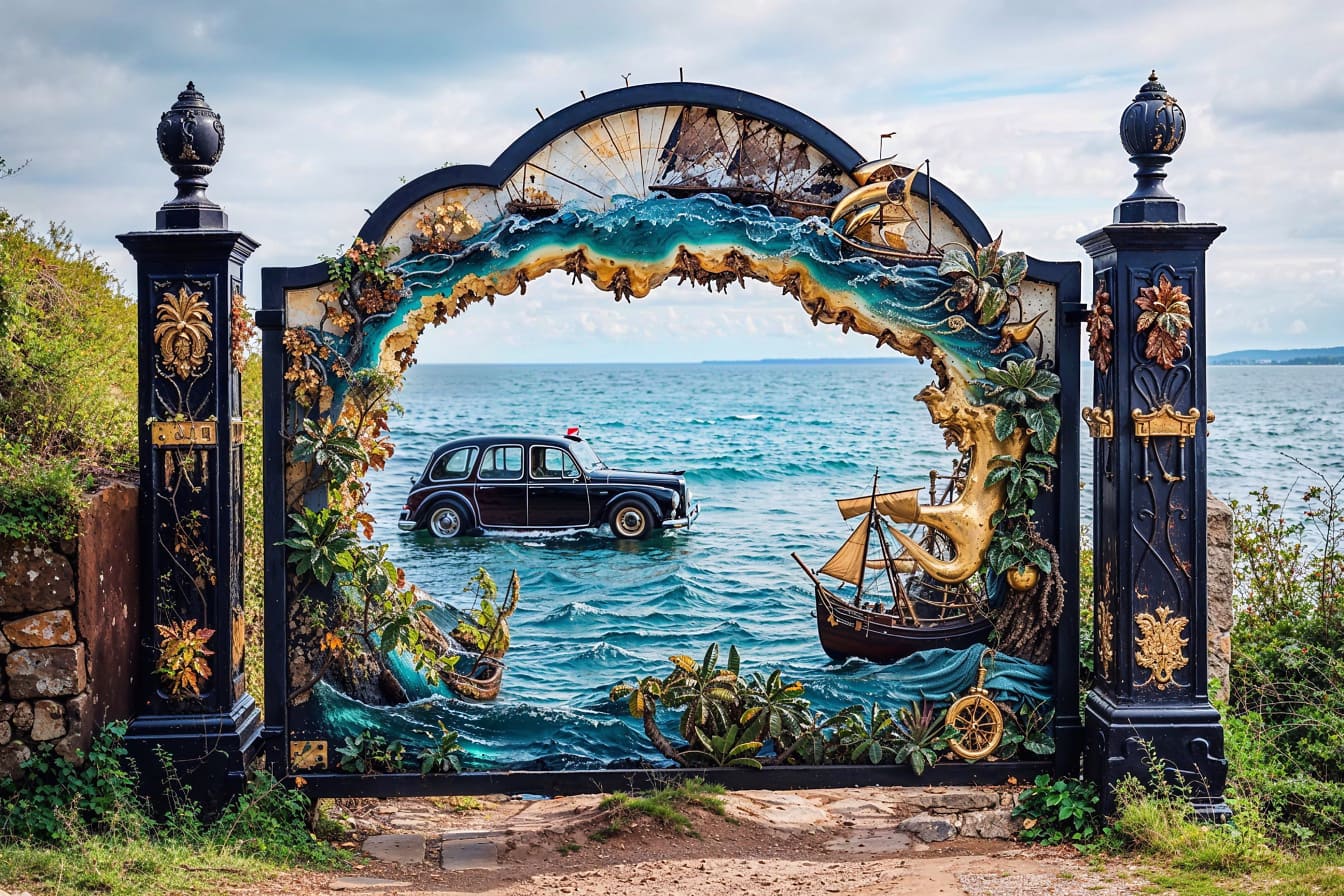 Türen im viktorianischen Stil am Strand mit Blick auf ein Autoboot im Wasser
