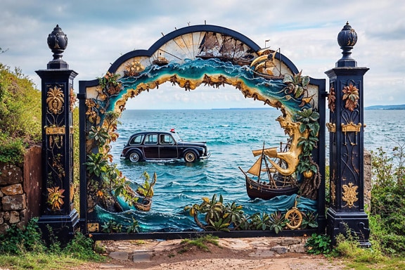 Victorian-style doors on the beach overlooking a car-boat in the water