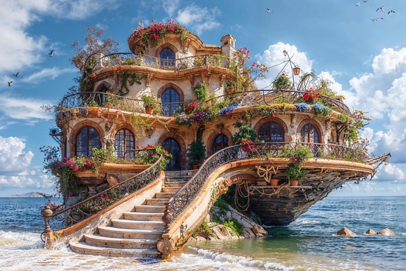 Casa de conto de fadas em forma de navio pela praia