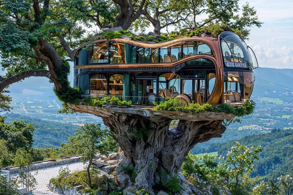 Концепцията за къща на дърво, изработена от луксозен автобус за отдих