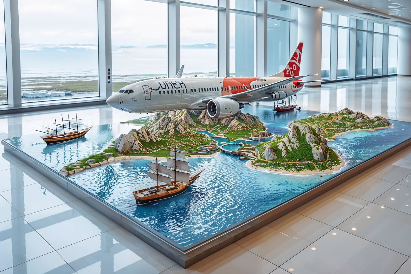 Model van een vliegtuig dat in een lege luchthavenlobby wordt tentoongesteld