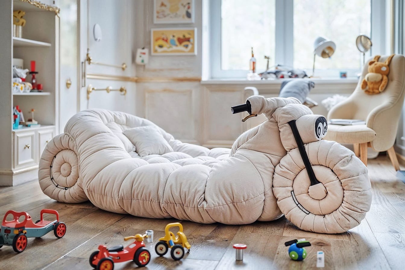 在儿童房的地板上以三轮车的形式玩耍的床垫，周围有玩具