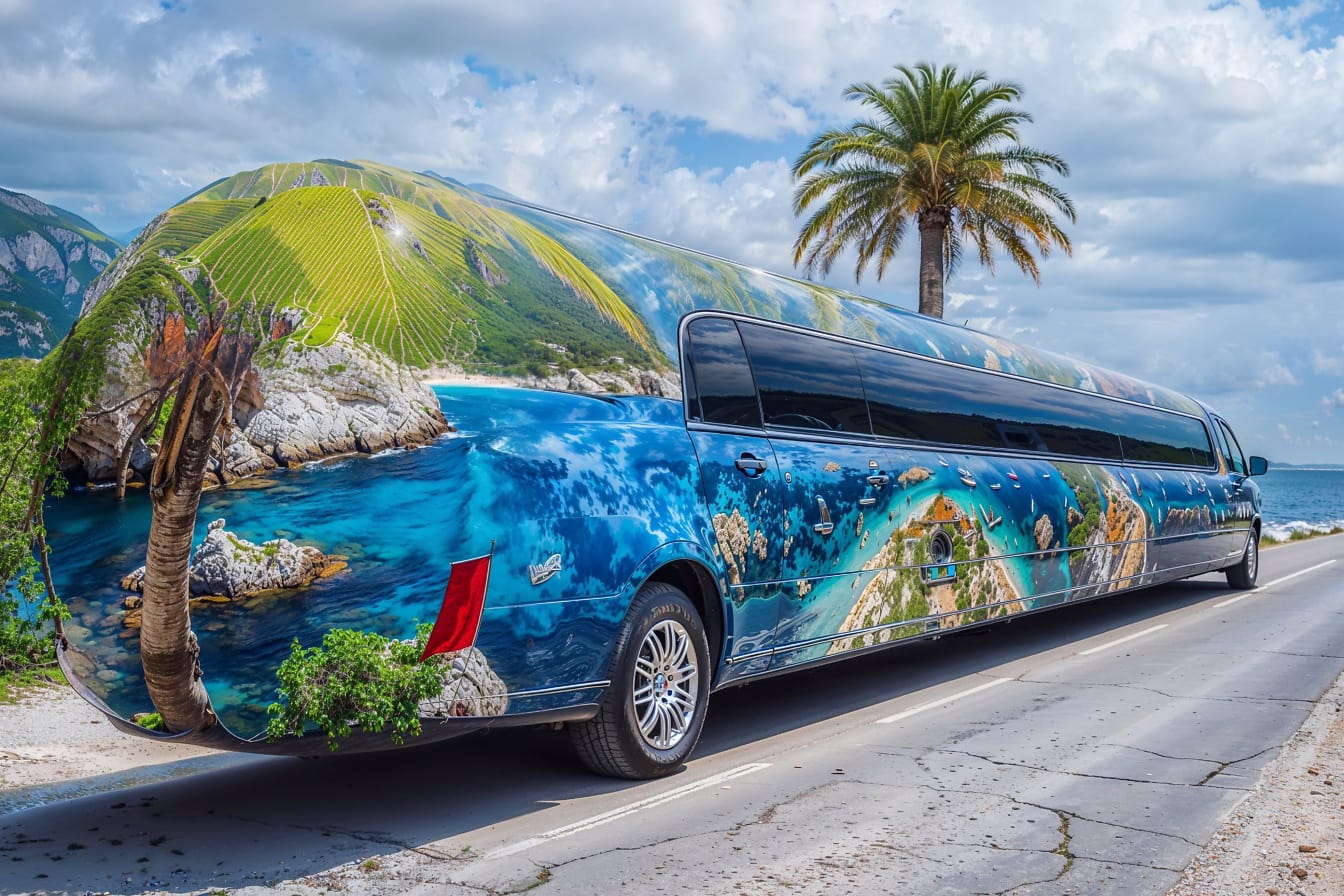 Xe limousine trên đường cao tốc bên bờ biển Croatia minh họa cho một kỳ nghỉ hè sang trọng