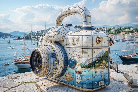Interessante borsa a forma di fotocamera digitale dal design nautico