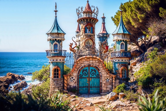 Puerta en forma de castillo de cuento de hadas en una playa de Croacia