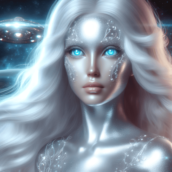 A surreal alien life form, a humanoid alien woman with long white hair and shiny blue eyes